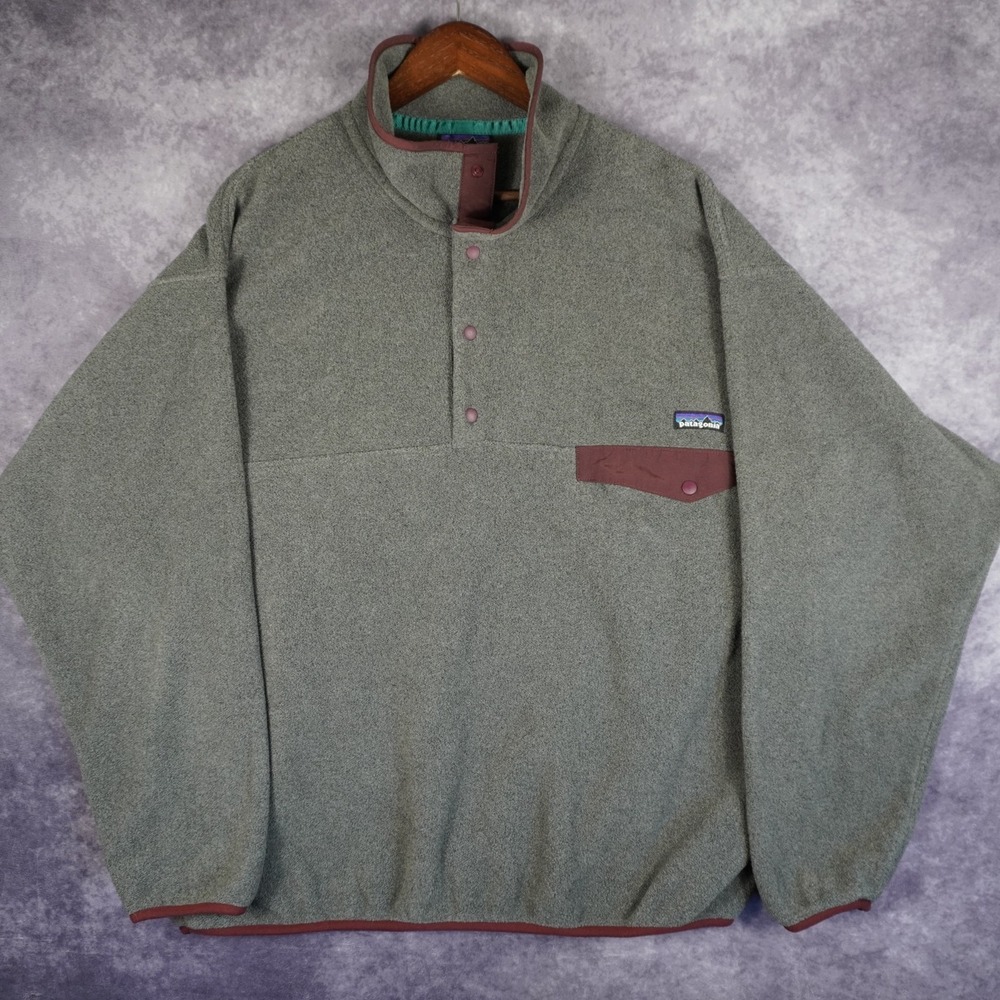 Patagonia Synchilla Men's XL Fleece Pullover Sweater Grey Maroon Snap Pockets